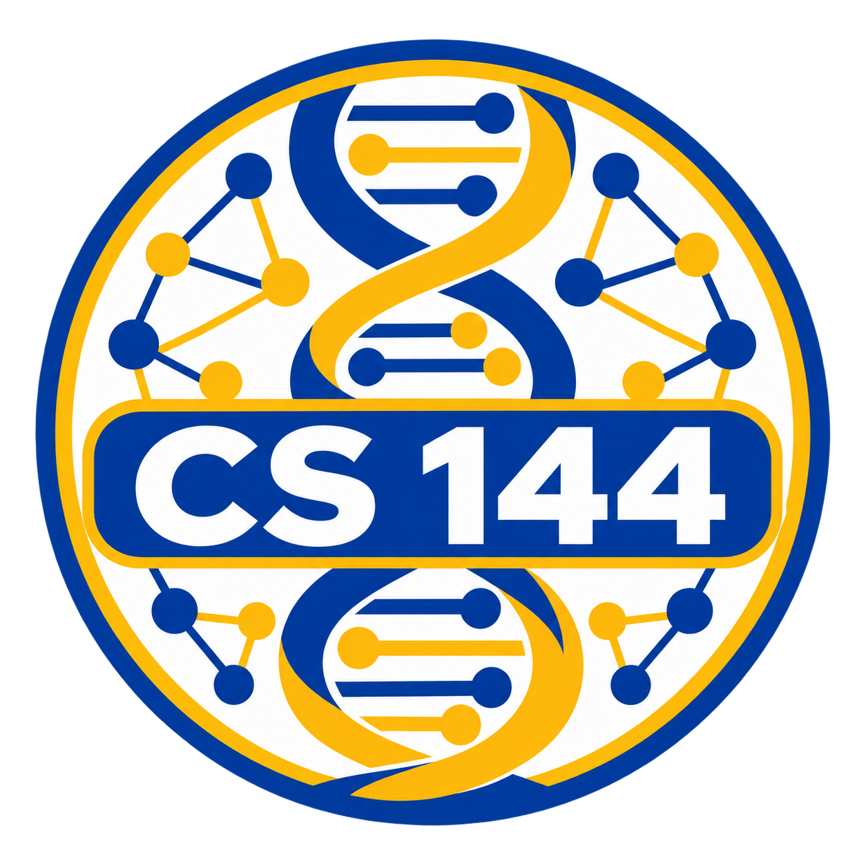 CS 144 logo: DNA helix and algorithm graph