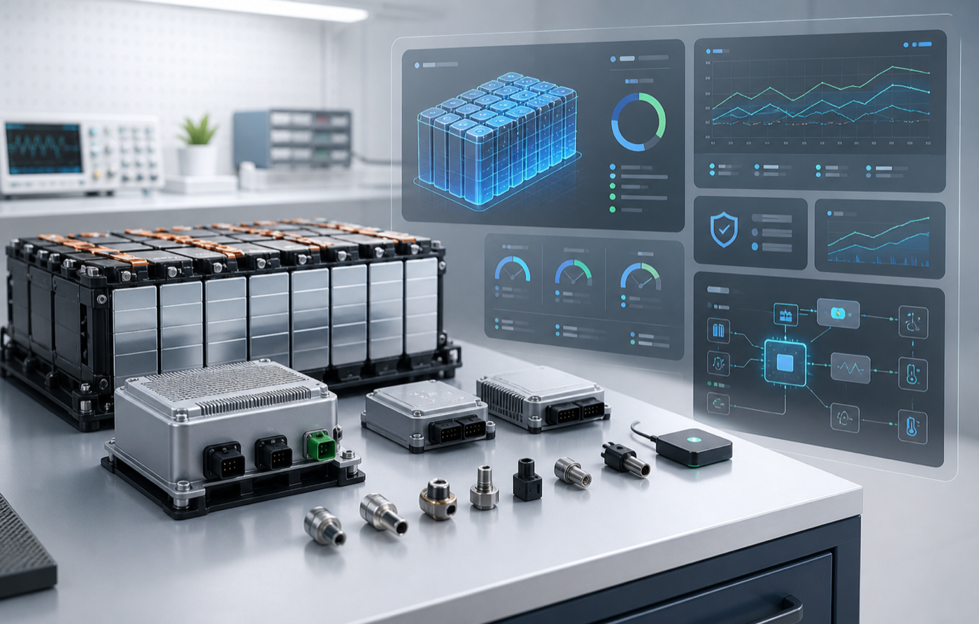 Generated visualization of BMU hardware, battery modules, and a control panel interface