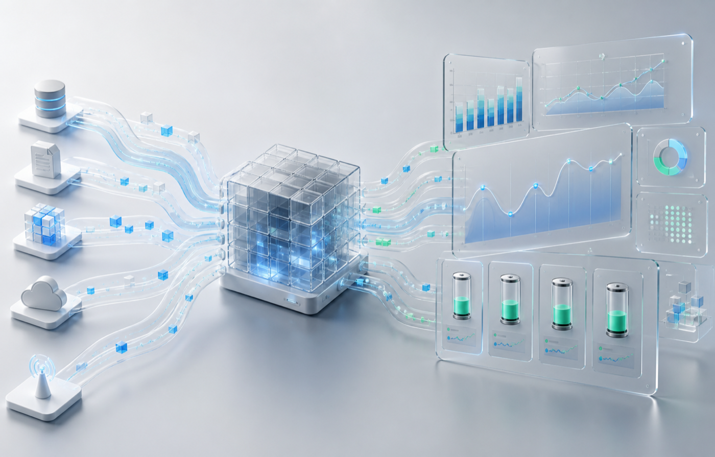 Generated visualization of cloud data pipelines feeding battery metrics dashboards