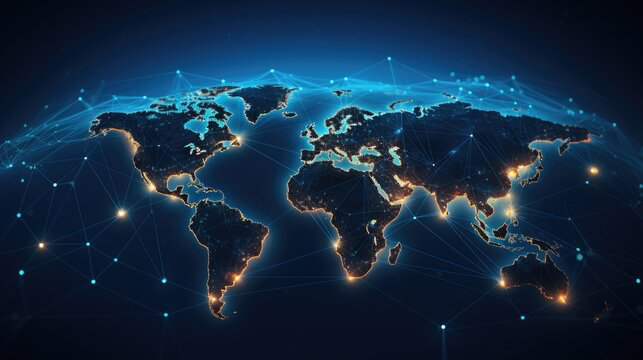Glowing world map with connected data network lines