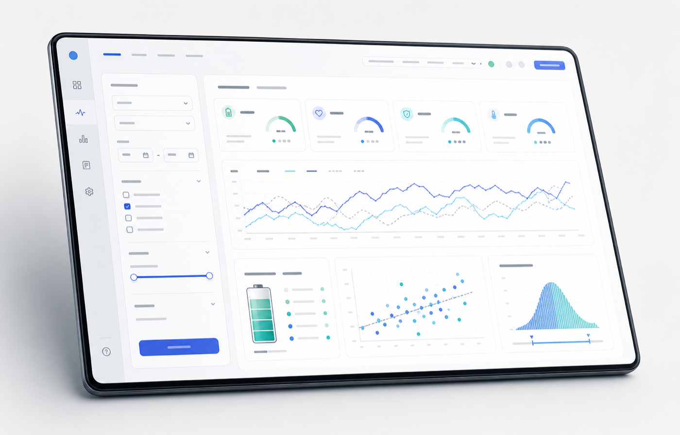 Generated visualization of a self-service battery analytics dashboard with charts and filters